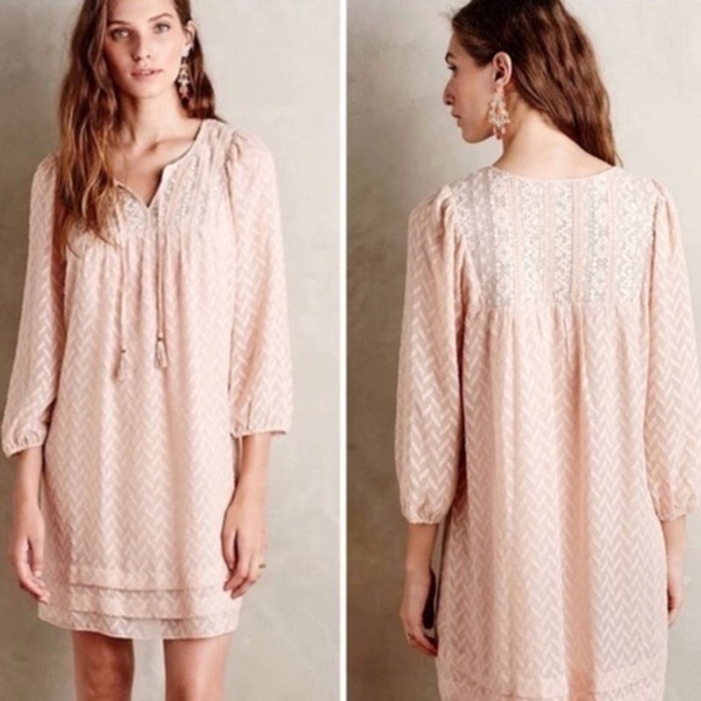 Anthropologie One September Anwen Peasant Dress Blush Pink 3/4 Sleeve size small